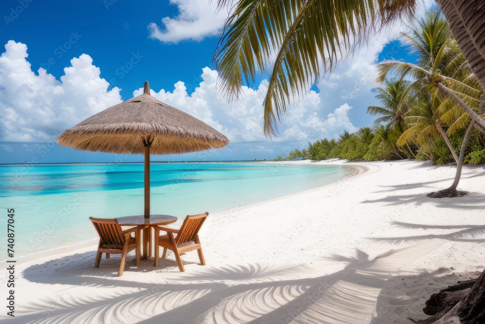 Wooden chairs and straw umbrella
on tropical sandy beach in the Maldives.
Palm trees on ocean shore. Piece of paradise.