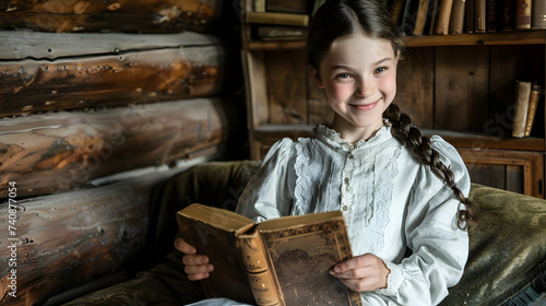A charming student young girl with a braid smiling while reading an old book in a rustic wooden interior at her house She learn by herself retro or vintage style