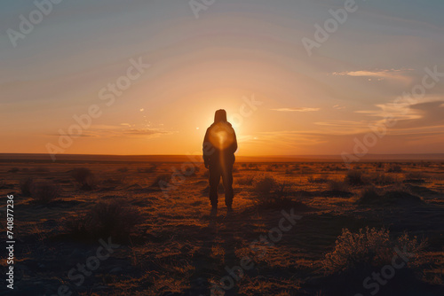 Silhouette of cowboy walking at sunset in open field