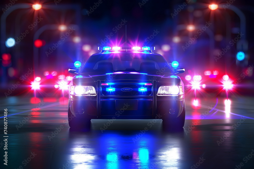 police car lighting in a city at night - obrazy, fototapety, plakaty 