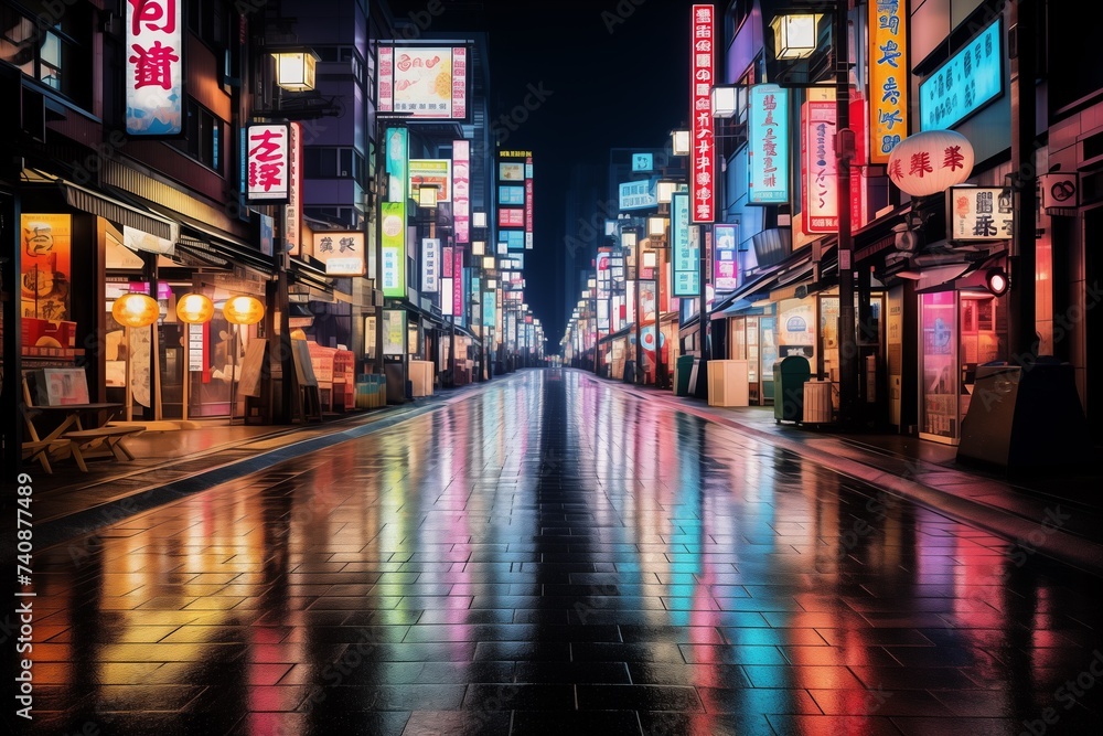 Neon sign filled street at night in Asia