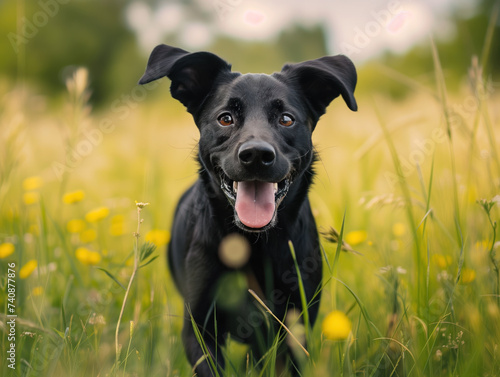 Black dog happily strolls through a meadow, undergoing socialization and obedience training after being saved from a shelter.