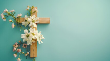 Religion background with a wooden cross and spring flowers against a blue background. Christianity Feast, Easter, Palm Sunday, Chrismnaing, or church wedding.