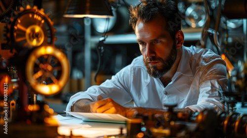 A solitary figure sits at a desk, his weary human face framed by the harsh lighting of the factory, lost in thought as he contemplates the weight of his work and the drabness of his surroundings