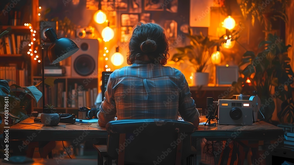 A professional photographer editing photos on a high-resolution monitor while surrounded by camera equipment and studio lights in a photography studio