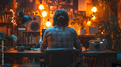 A professional photographer editing photos on a high-resolution monitor while surrounded by camera equipment and studio lights in a photography studio