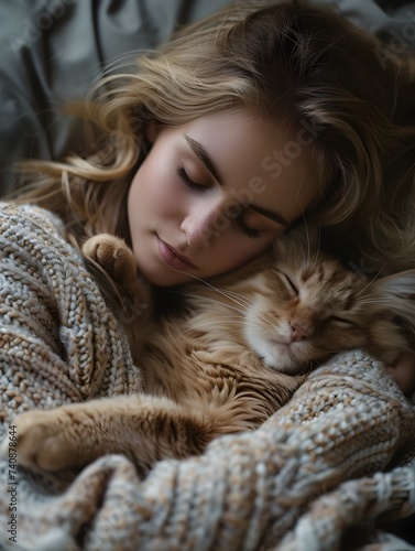 Young Woman Napping with Her Cat in Soft Beige 