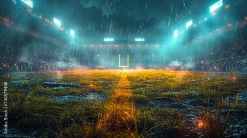A football field with yellow goal posts, grass and blurred fans at playground view. 3D render. Flashlights. Concept of outdoor sport, football, championship, match.