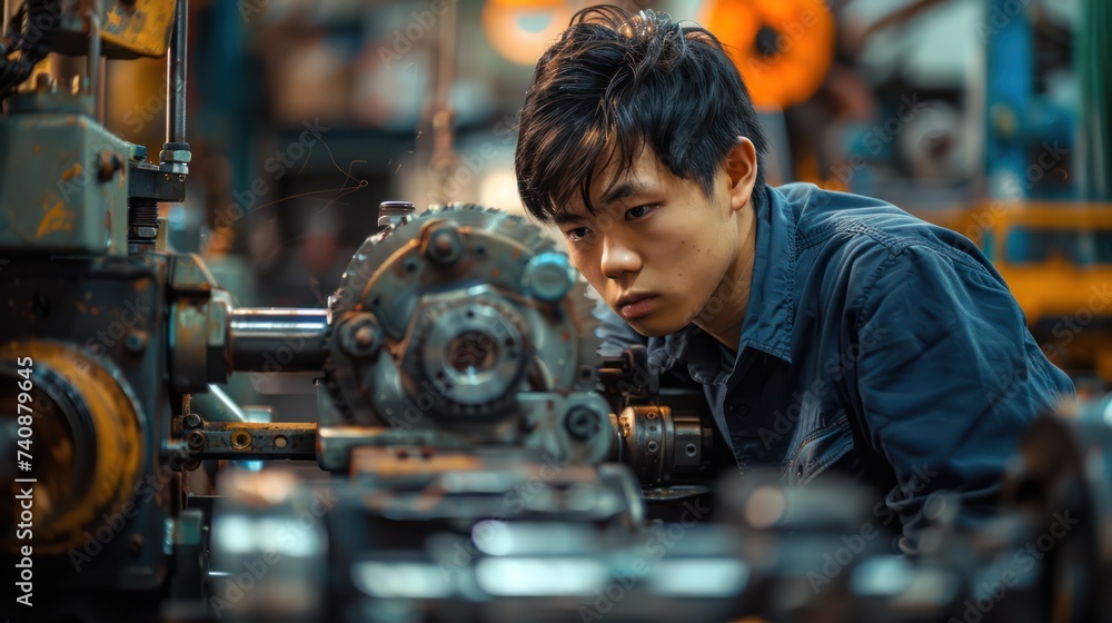 Asian worker working in technology production factory with industrial machinery Asian worker working in technology production factory with industrial machinery