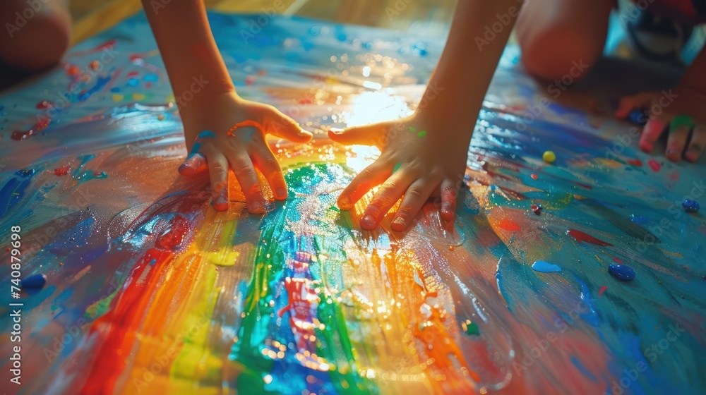 Obraz premium Children's drawing rainbows, coloring on their hands,