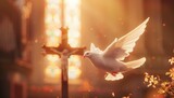 a white dove is flying in front of a cross Generative AI