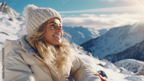 Delighted young woman resting on the slopes of the mountain while feeling happy, generate AI