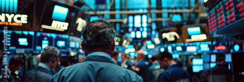 Busy stock exchange floor with traders and monitors