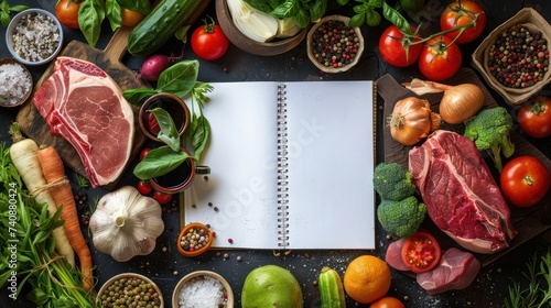 Notebooks centered and around vegetables, fruits, and meat.