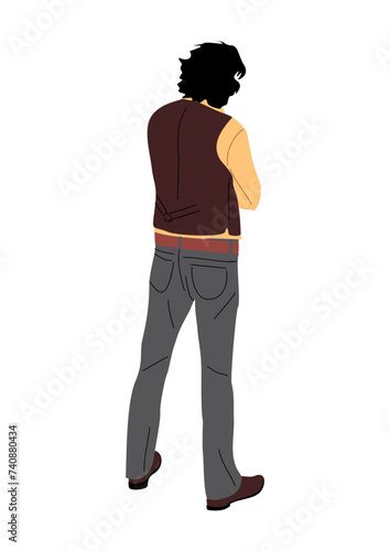Man standing full length rear view. Businessman in smart casual clothes from behind, turned back. Cartoon Male Character backside. Vector realistic illustration isolated on transparent background.