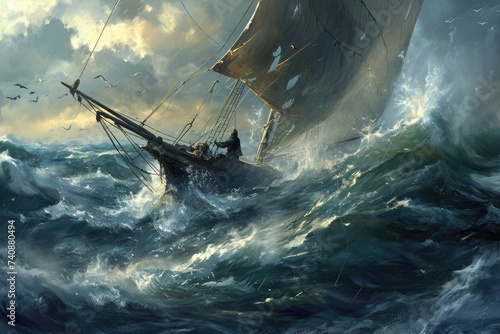 A realistic painting capturing the intense struggle of a sailboat navigating treacherous waves in rough seas, Fisherman in a tall ship, battling a stormy sea with a harpoon in hand, AI Generated photo