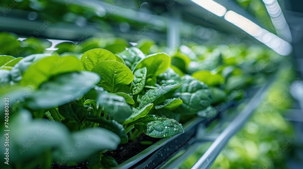 Vertical farm shelf with green spinach grown in a hydroponic system. LED bulbs produce ultraviolet artificial sunlight. Vertical farm shelf with green spinach grown in a hydroponic system. LED bulbs produce ultraviolet artificial sunlight.