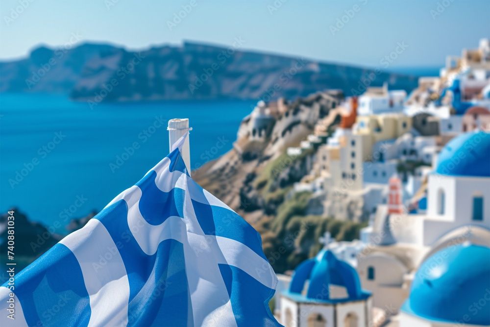 Obraz premium Greece independace day, Santorini and national flag in blue sky