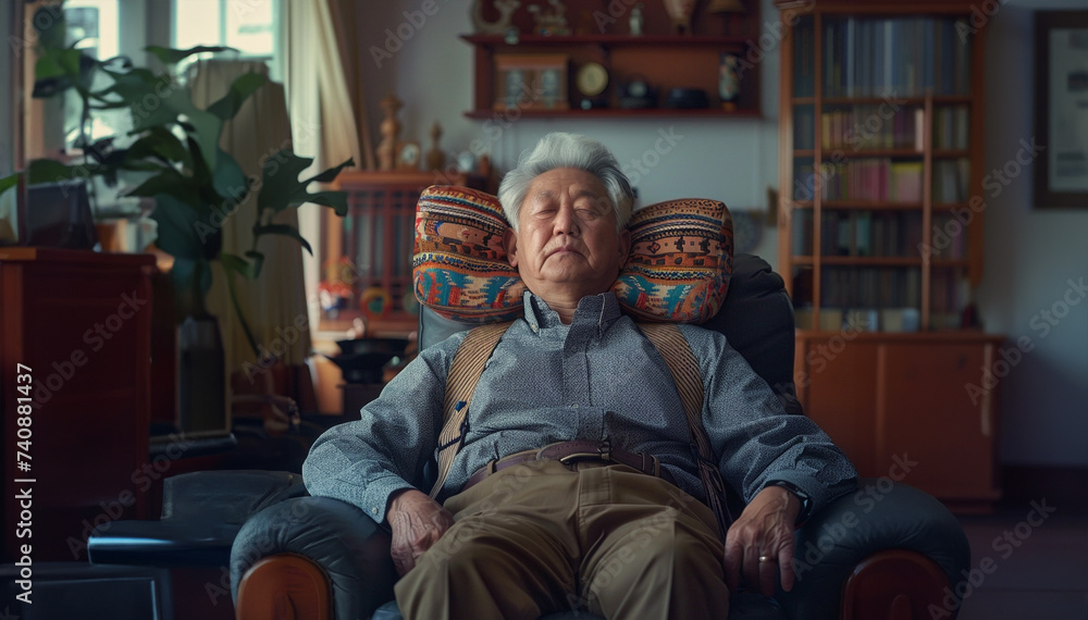 Asian mature man sleeping home on coach among books