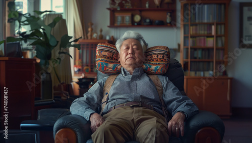 Asian mature man sleeping home on coach among books © Irina Bort