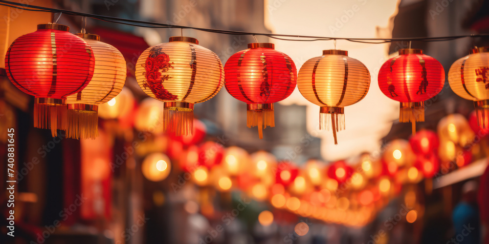 Fototapeta premium Colorful Red Lanterns Illuminate the Night in Jiufen, Taipei - Captivating Traditions of Chinese Culture