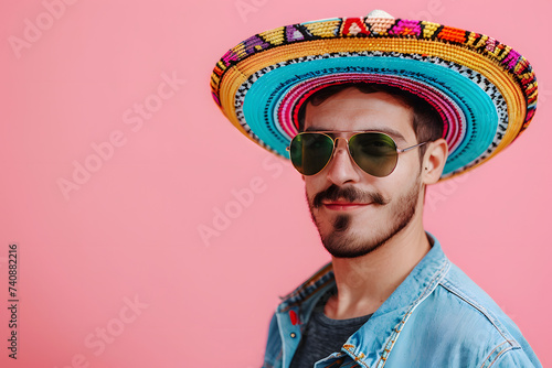 Happy man in sunglasses and sombrero hat on pastel summer background.