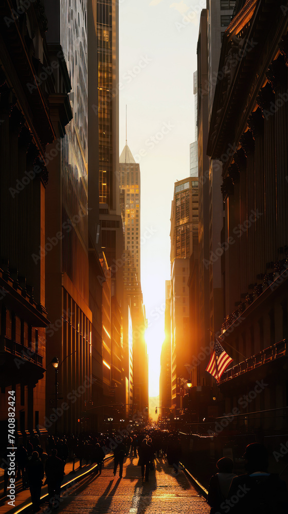 Dramatic sunset over urban cityscape with glowing buildings