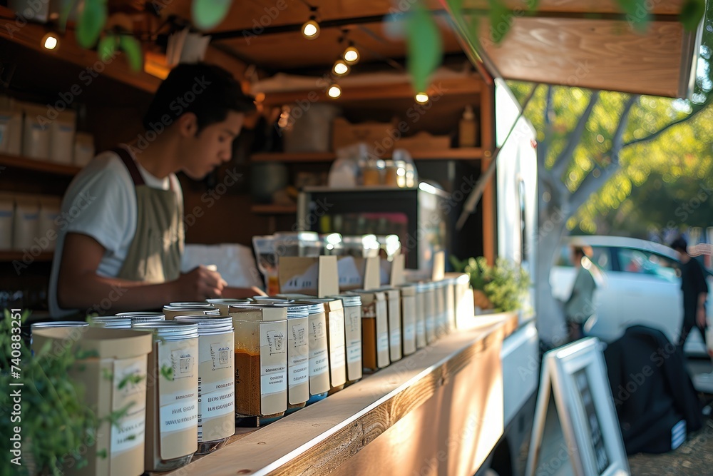 A man stands behind a counter filled with various jars of food, Food truck offering a variety of teas at an outdoor yoga event, AI Generated A man stands behind a counter filled with various jars of food, Food truck offering a variety of teas at an outdoor yoga event, AI Generated
