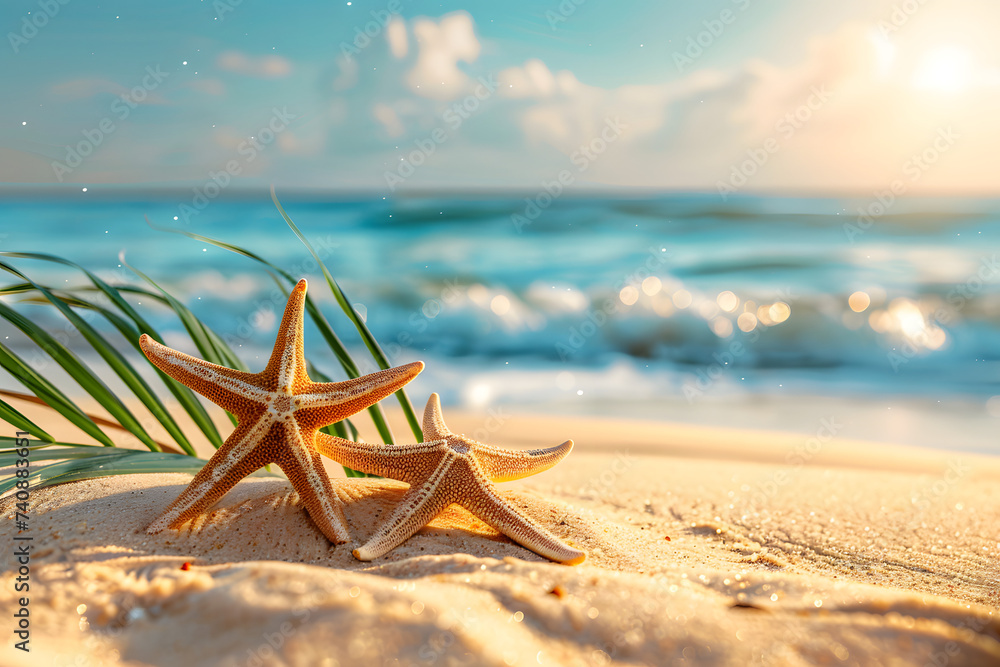 Starfish on the sand at beach. Summer holiday background. Starfish on the sand at beach. Summer holiday background.