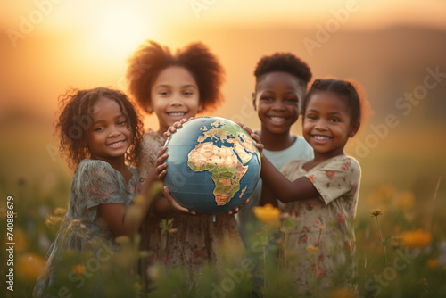 African children holding a world globe on a field