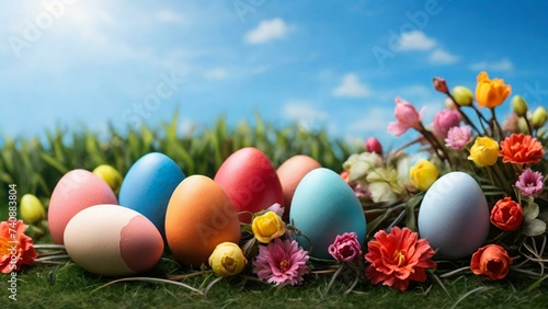 Vibrant scene of colorful Easter eggs laid on a lush green grass  surrounded by blooming flowers under a clear blue sky