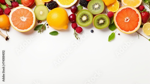 Creative layout made of various fruits and vegetables with white paper card. Flat lay. Food concept