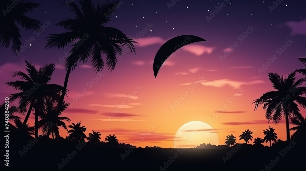 Crescent moon with beautiful sunset background . Generous Ramadan