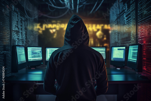 hacker is using computer for organizing massive data breach attack on corporate servers.