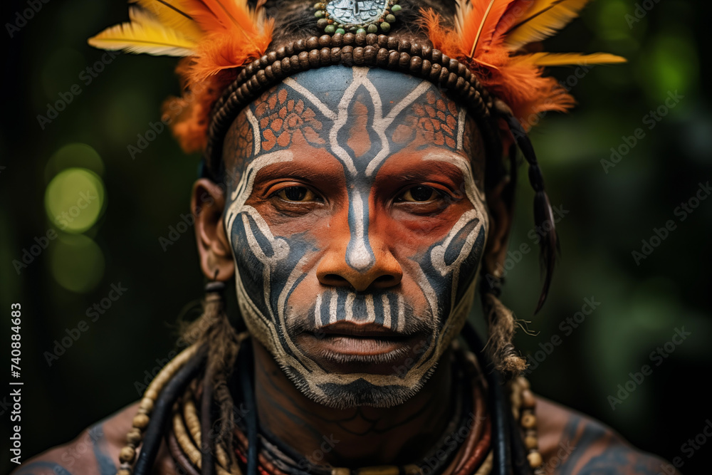 Naklejka premium Native american warrior with paint and traditional clothes