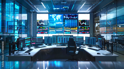 High-tech control room with multiple screens and data displays