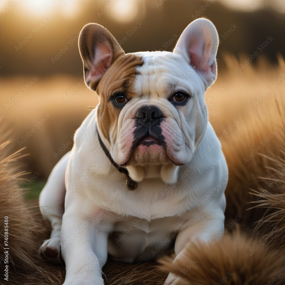 Fototapeta premium Bulldog dog poses with his whole body in nature