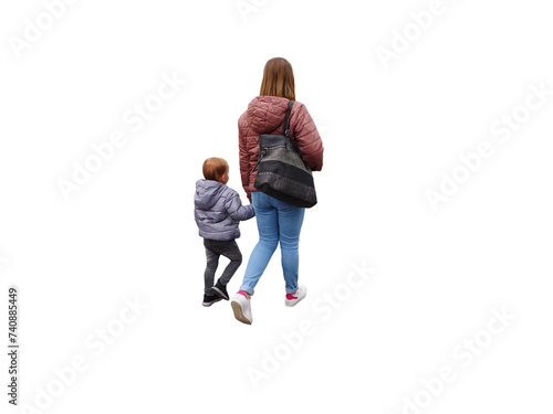 Une maman et son petit garçon, vus de dos, promenade automnale, scène de complicité