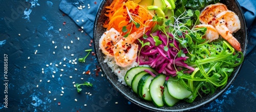 Fresh shrimp bowl with cucumbers and assorted healthy vegetables on wooden table