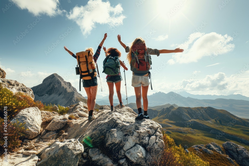 Obraz premium Group of People Standing on Mount Everest, Highest Peak in the World, Friends showing strength and resolution during a challenging mountain hike, AI Generated
