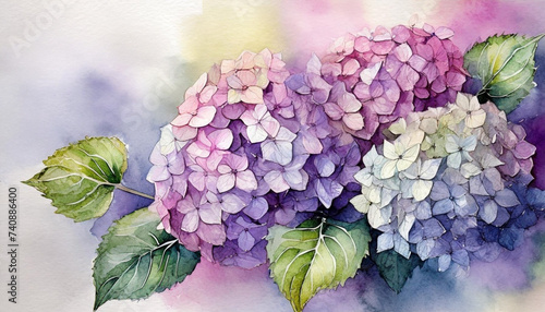 Kolorowe, malowane kwiaty Hortensji. Akwarela, tapeta, dekoracja. Generative AI © mycatherina