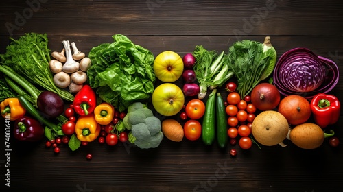 Flat lay of huge group of fresh vegetables and fruit on wooden background - Vegetables VS Fruit - High quality studio shot -  Flat lay photo