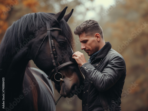 At a horse club, a equestrian gently brushes the mane of a beautiful black horse