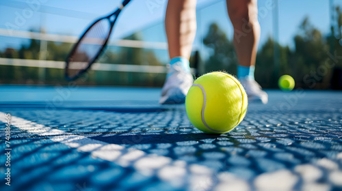 Tennis ball on blue court with player in action. Focused shot of tennis equipment during match. Low angle of tennis ball on vibrant court