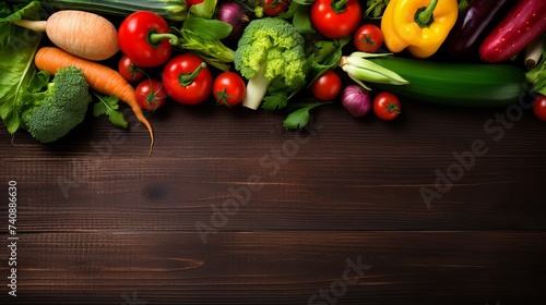 Fresh farmers market fruit and vegetable from above with copy space on brown wood