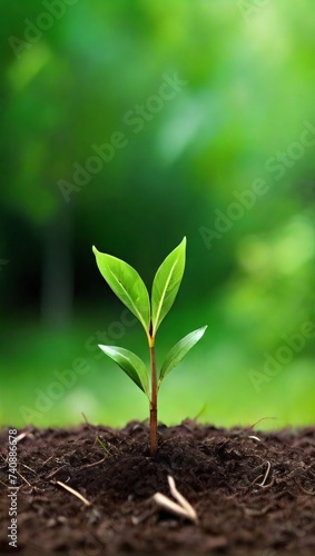 young plant in the soil on blur green forest background