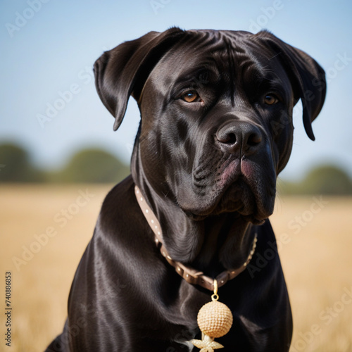 Black Cane Corso dog poses with his whole body in nature photo