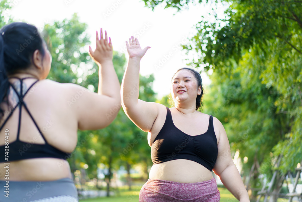 Fototapeta premium Oversized fat Asian women having an exercise at the park together, fat women help or support her friend to exercise. Two obese woman doing a body weight workout and yoga.