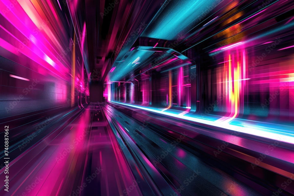 Fototapeta premium A long tunnel stretching into the distance, adorned with vibrant neon lights that cast an otherworldly glow, Fusion of neon and monochrome colors in an abstract, futuristic design, AI Generated