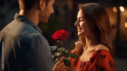 Fototapeta Naklejka Na Ścianę i Meble -  Handsome man giving rose to attractive lady